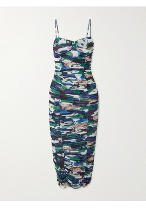 Mary Katrantzou - Ruched Printed Stretch-tulle Midi Dress - Blue - UK 6,UK 8,UK 10,UK 12,UK 14,UK 16