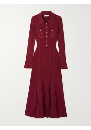 Self-Portrait - Button-embellished Ribbed-knit Midi Dress - Burgundy - x small,small,medium,large