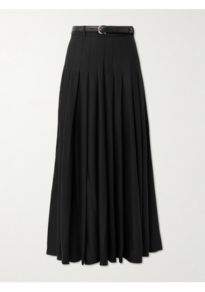 Self-Portrait - Belted Leather-trimmed Pleated Twill Maxi Skirt - Black - UK 4,UK 6,UK 8,UK 10,UK 12,UK 14