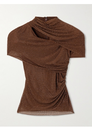 Self-Portrait - Gathered Cutout Crystal-embellished Mesh Top - Brown - UK 4,UK 6,UK 8,UK 10,UK 12,UK 14,UK 16