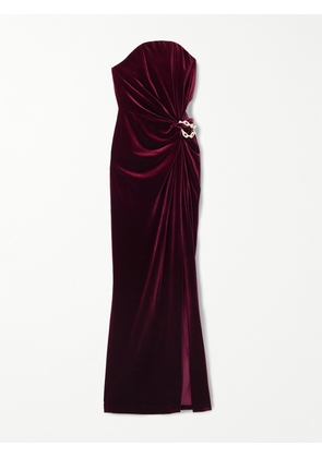 Self-Portrait - Strapless Cutout Embellished Gathered Velvet Maxi Dress - Burgundy - UK 4,UK 6,UK 8,UK 10,UK 12,UK 14,UK 16