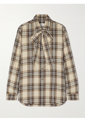 SAINT LAURENT - Pussy-bow Checked Cotton-blend Shirt - Neutrals - XS,S,M,L