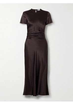 STAUD - Marcel Ruched Stretch-silk Charmeuse Midi Dress - Brown - US0,US2,US4,US6,US8,US10,US12