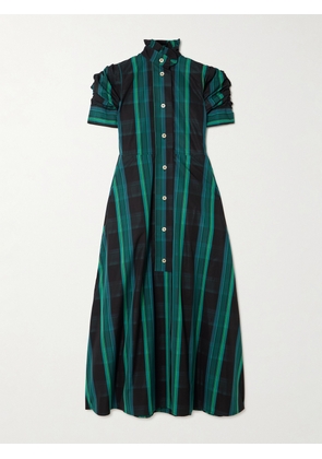 Thierry Colson - Venetia Ruffled Gathered Checked Cotton-poplin Midi Dress - Green - x small,small,medium,large,x large