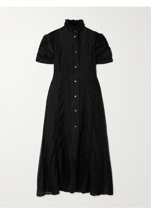 Thierry Colson - Venetia Ruffled Gathered Embroidered Cotton And Silk-blend Midi Dress - Black - x small,small,medium,large,x large