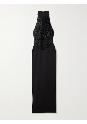 Solace London - Portia Bead-embellished Stretch-crepe Halterneck Gown - Black - UK 4,UK 6,UK 8,UK 10,UK 12,UK 14,UK 16