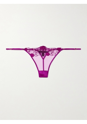 Kiki de Montparnasse - Violet Satin-trimmed Appliquéd Embroidered Tulle Thong - Purple - x small,small,medium,large