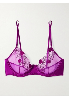 Kiki de Montparnasse - Violet Satin-trimmed Appliquéd Embroidered Tulle Underwired Soft-cup Bra - Purple - 34A,36A,32B,34B,36B,32C,34C,36C,32D,34D,36D,34DD,36DD