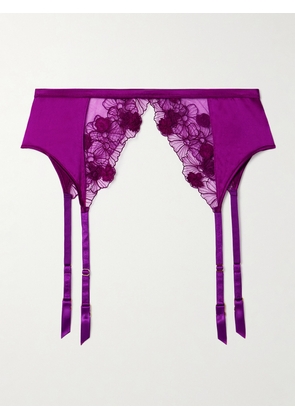 Kiki de Montparnasse - Violet Silk-blend Satin And Appliquéd Embroidered Tulle Suspender Belt - Purple - x small,small,medium,large,x large