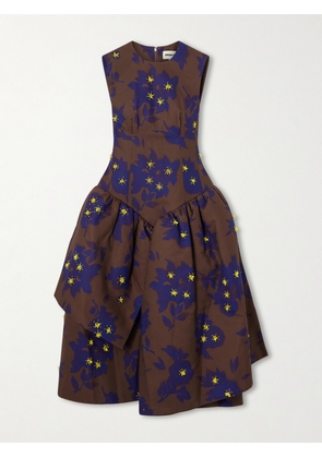 SHUSHU/TONG - Asymmetric Embellished Gathered Printed Taffeta Dress - Brown - UK 6,UK 8,UK 10,UK 12,UK 14