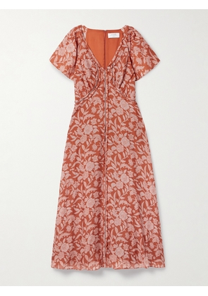 La Ligne - Gaelle Mesh-trimmed Ruffled Floral-print Silk Crepe De Chine Midi Dress - Orange - US0,US2,US4,US6,US8,US10,US12,US14