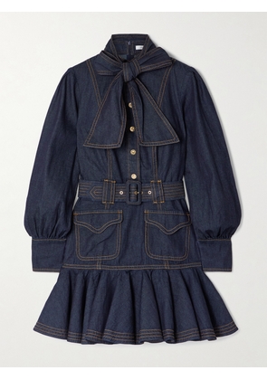Zimmermann - Tie-detailed Belted Ruffled Denim Mini Dress - Blue - 00,1,2,3,4