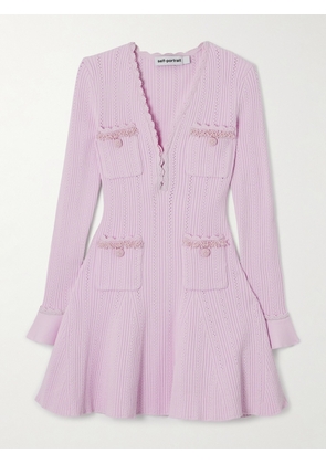 Self-Portrait - Faux Pearl-embellished Ribbed Pointelle-knit Mini Dress - Pink - x small,small,medium,large