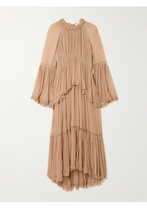 Zimmermann - Hypnotic Lace-trimmed Tiered Crepe De Chine Midi Dress - Neutrals - 00,1,2,3,4