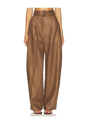 MATTHEW BRUCH Pleated Barrel Trouser in Brown. Size 2. Also in 4.