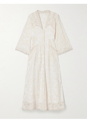 MAISON MAYLE - Valesca Silk Jacquard-trimmed Cotton-blend Guipure Lace Midi Dress - Ivory - US0,US2,US4,US6,US8,US10