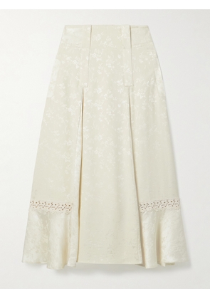 MAISON MAYLE - Amparo Pleated Lace-trimmed Silk-satin Jacquard Midi Skirt - Ivory - US0,US2,US4,US6,US8,US10