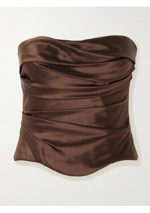 Danielle Frankel - Demi Strapless Gathered Silk-satin Bustier - Brown - US0,US2,US4,US6,US8,US10