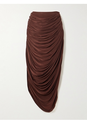 Danielle Frankel - Vivienne Gathered Stretch Satin-jersey Midi Skirt - Brown - US0,US2,US4,US6,US8