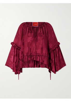La DoubleJ - Boho Asymmetric Ruffled Satin-jacquard Blouse - Burgundy - xx small,x small,small,medium,large,x large