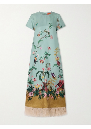 La DoubleJ - Swing Feather-trimmed Printed Silk-twill Maxi Dress - Green - xx small,x small,small,medium,large,x large