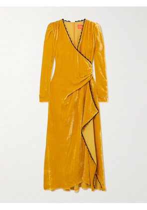 La DoubleJ - Wrap-effect Draped Lace-trimmed Velour Maxi Dress - Yellow - x small,small,medium,large,x large