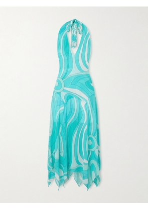 PUCCI - Printed Silk Twill-trimmed Crepe-jersey Halterneck Midi Dress - Blue - IT38,IT40,IT42,IT44,IT46,IT48