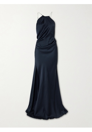 Victoria Beckham - Chain-embellished Draped Satin Halterneck Gown - Blue - UK 4,UK 6,UK 8,UK 10,UK 12,UK 14