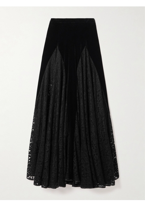 Loretta Caponi - Velvet-paneled Lace Midi Skirt - Black - x small,small,medium,large,x large