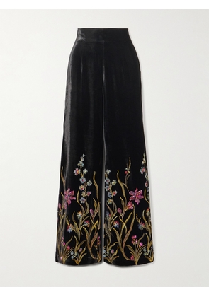 Loretta Caponi - Cipro Embroidered Velvet Straight-leg Pants - Black - x small,small,medium,large,x large