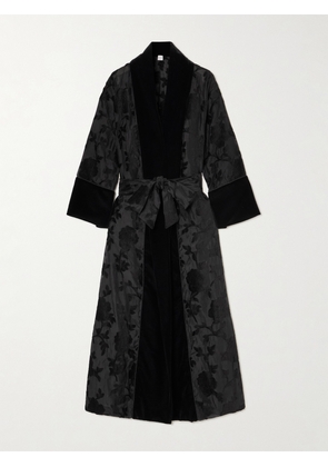 Loretta Caponi - Porzia Velvet-trimmed Fil Coupé Satin Robe - Black - x small,small,medium,large,x large