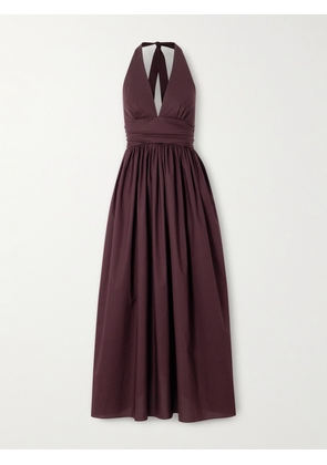 Matteau - Gathered Organic Cotton-poplin Halterneck Maxi Dress - Burgundy - 1,2,3,4,5