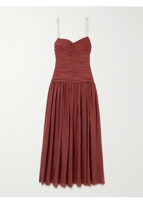 Matteau - Gathered Organic Cotton And Silk-blend Midi Dress - Burgundy - 1,2,3,4,5
