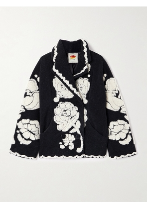 Farm Rio - Double-breasted Fleece-jacquard Jacket - Black - xx small,x small,small,medium,large,x large