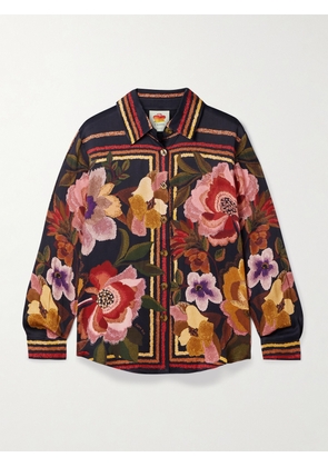 Farm Rio - Floral-print Satin Shirt - Multi - xx small,x small,small,medium,large,x large