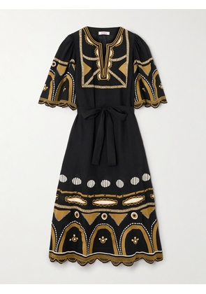 Eres - Ornament Belted Embroidered Linen Midi Dress - Black - small,medium,large