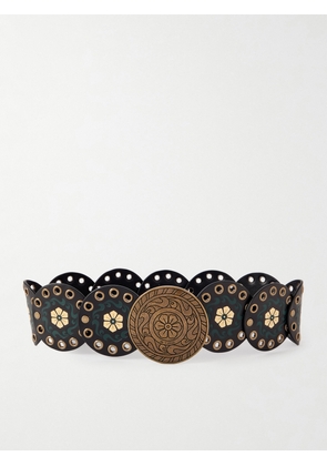 Etro - Studded Eyelet-embellished Debossed Leather Belt - Black - small,medium
