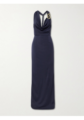 Rebecca Vallance - Ayesha Draped Embellished Stretch Satin-jersey Halterneck Gown - Blue - UK 4,UK 6,UK 8,UK 10,UK 12,UK 14