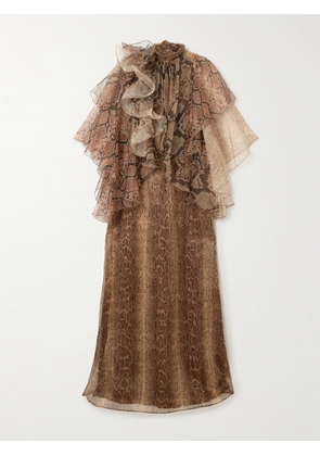 Zimmermann - Hypnotic Memento Billow Ruffled Snake-print Silk-organza Gown - Brown - 01,2,3,4