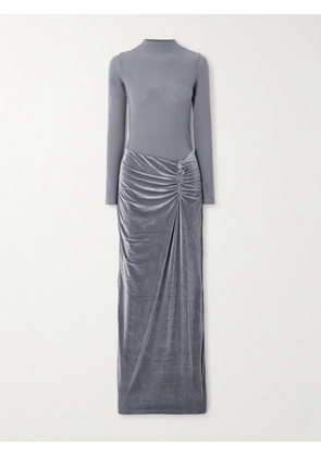 Maygel Coronel - Borelli Appliquéd Gathered Open-back Jersey-trimmed Velvet Maxi Dress - Gray - Petite,One Size,Extended