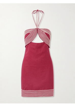 Andres Otalora - De Coco Embroidered Linen Halterneck Mini Dress - Burgundy - US0,US2,US4,US6,US8,US10