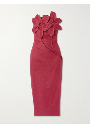 Andres Otalora - Florecer Strapless Appliquéd Linen Midi Dress - Burgundy - US0,US2,US4,US6,US8,US10,US12
