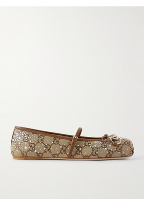 Gucci - Horsebit Ballerina Leather-trimmed Crystal-embellished Canvas-jacquard Flats - Brown - IT36,IT37,IT38,IT38.5,IT39,IT39.5,IT40,IT41