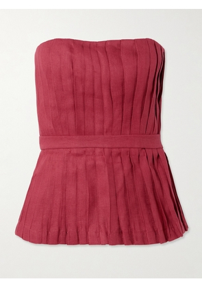 Andres Otalora - Encantadora Strapless Belted Pleated Linen Top - Burgundy - US0,US2,US4,US6,US8,US10