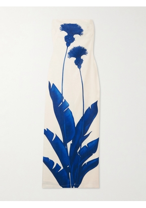 Andres Otalora - Costera Strapless Tie-detail Floral-print Linen Maxi Dress - Blue - US0,US2,US4,US6,US8,US10,US12