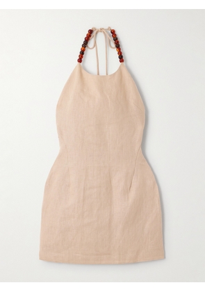 SIR. - Moretti Bead-embellished Linen Halterneck Mini Dress - Neutrals - 00,1,2,3,4