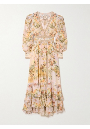 Camilla - Crystal-embellished Tiered Floral-print Silk-chiffon Maxi Dress - Pink - xx small,x small,small,medium,large,x large