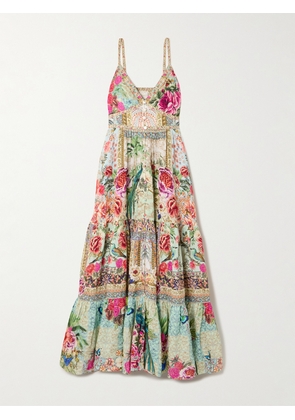 Camilla - Crystal-embellished Tiered Floral-print Linen Maxi Dress - Multi - x small,small,medium,large,x large,xx large