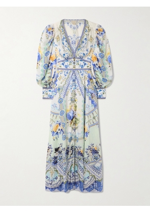 Camilla - Crystal-embellished Shirred Printed Silk Maxi Dress - Blue - xx small,x small,small,medium,large,x large,xx large