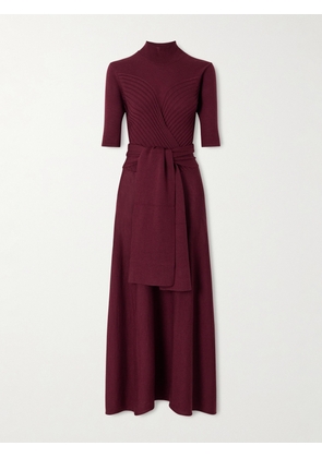 VIOLANTE NESSI - Takashi Tie-detailed Ribbed Merino Wool Midi Dress - Burgundy - x small,small,medium,large,x large